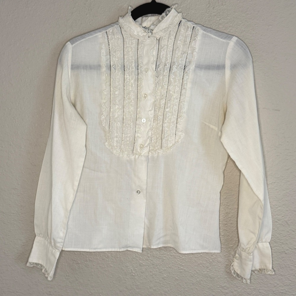 VTG Victorian Poet Cottage Dainty Prairie White Lace Ruffle Bib Blouse Medium
